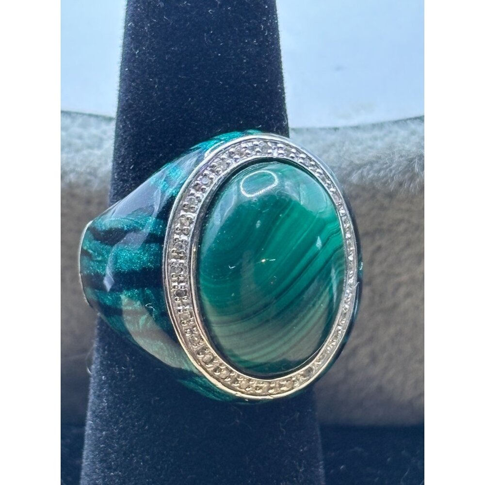 Sterling Silver 925 Malachite Centerstone Ring With Diamond Halo